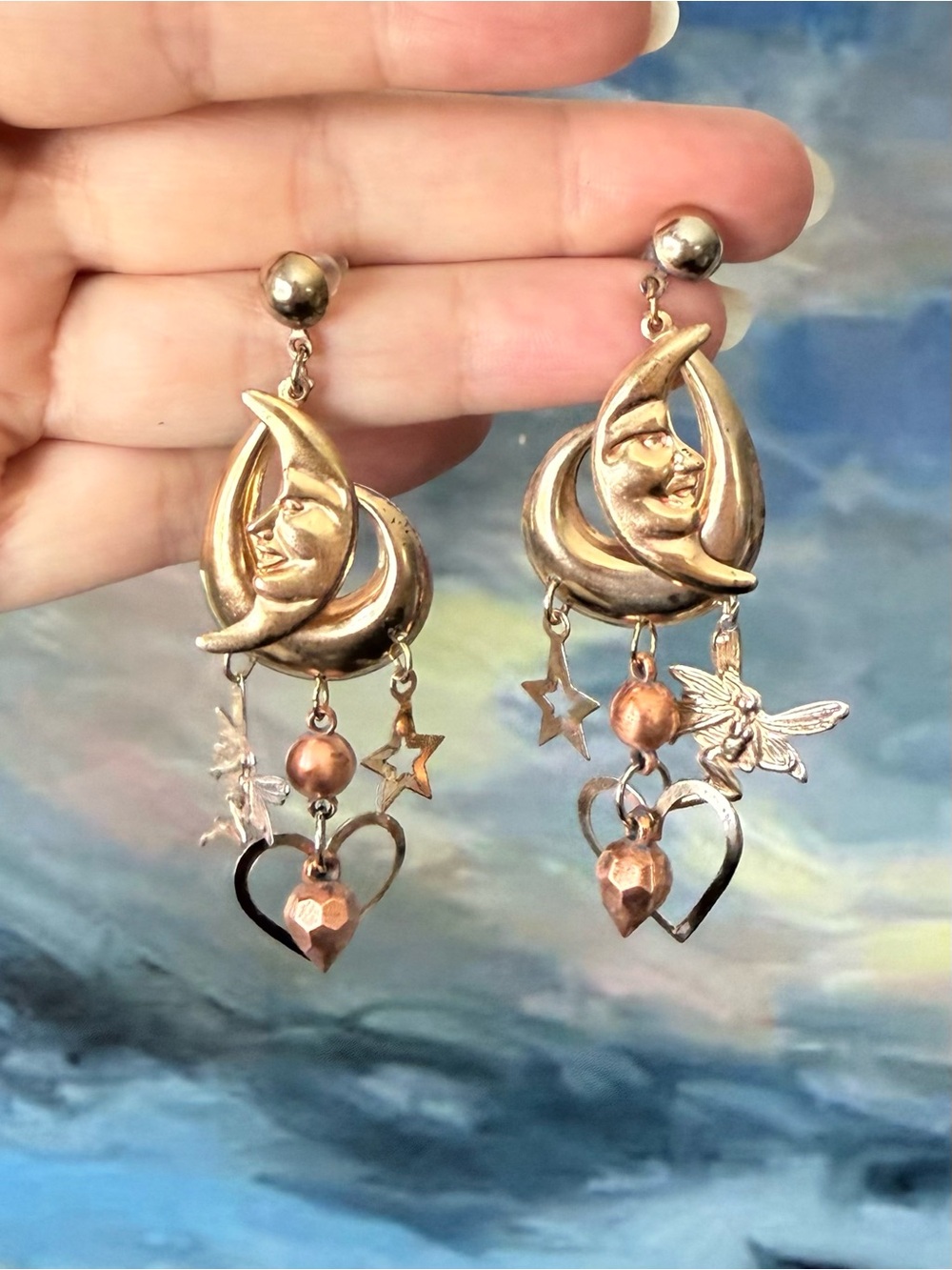 Vintage Celestial Gold-Tone Moon Heart Star Fairy Dangle Earrings Tri Color